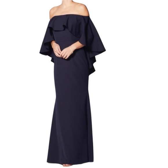 VINCE CAMUTO Off The Shoulder Flounce Cape Effect Trumpet Gown Navy Size 4